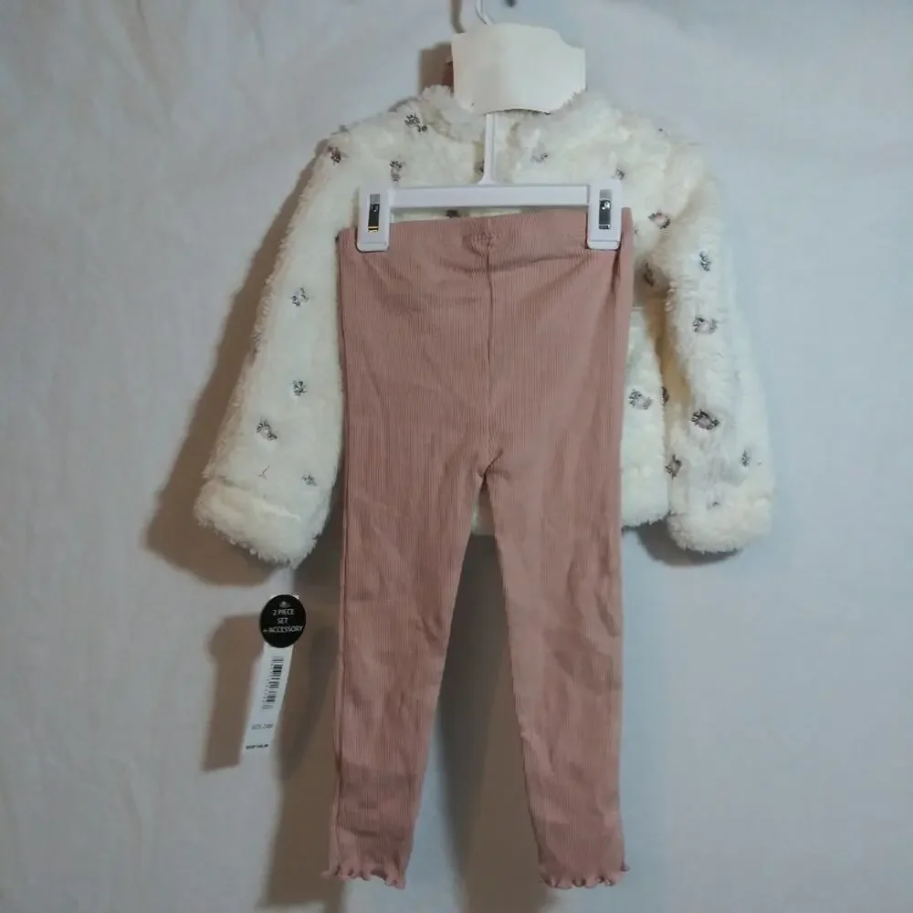 Nicole Miller Cozy White Fleece Pullover with Pink Leggings Set Size 24M